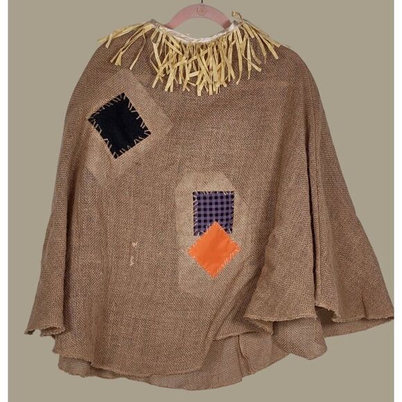 Scarecrow Burlap Cape & Hat Costume Set With Patchwork One Size Fits Most Adults - Picture 2 of 4
